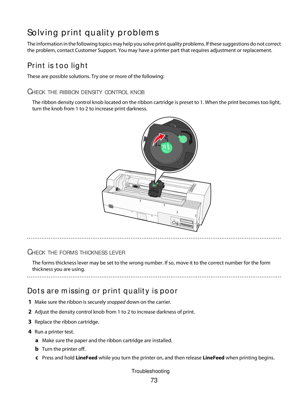 Lexmark X2500 manual Solving print quality problems, Print is too light, Dots are missing or print quality is poor 