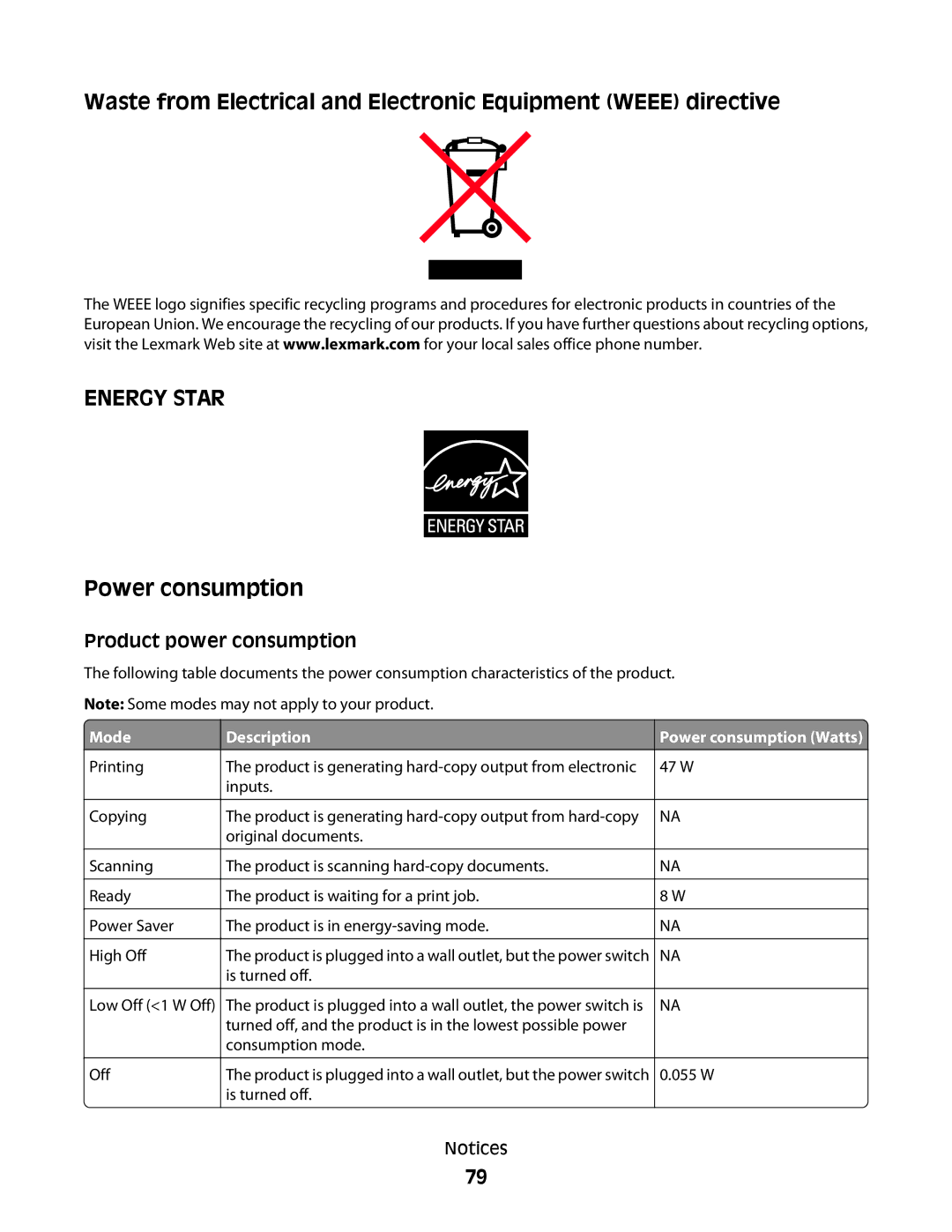 Lexmark X2500 manual Product power consumption, Mode, Description 