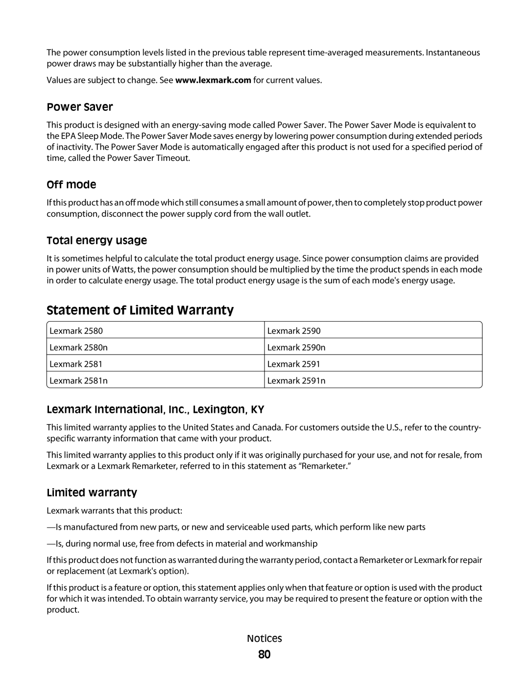 Lexmark X2500 Power Saver, Off mode, Total energy usage, Lexmark International, Inc., Lexington, KY, Limited warranty 