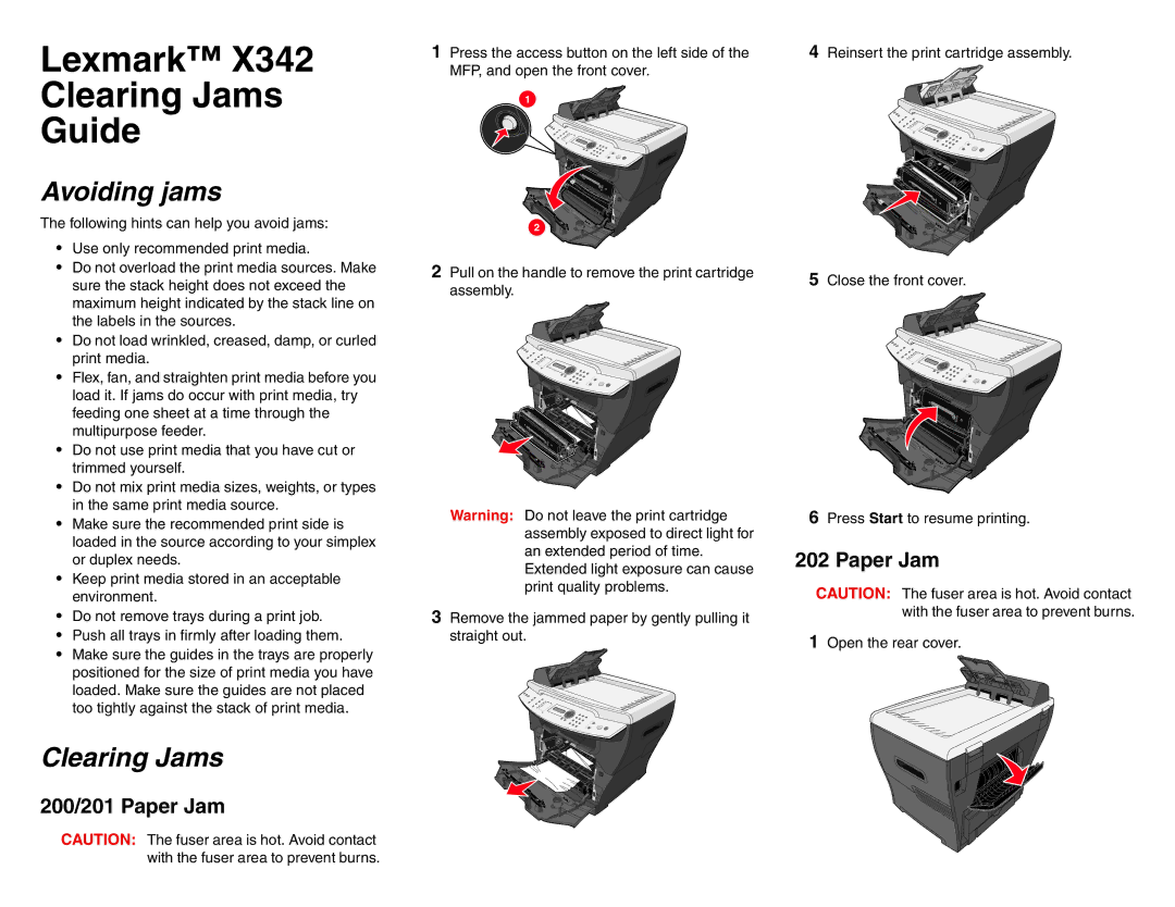 Lexmark X342 manual Lexmark Clearing Jams Guide, Avoiding jams, 200/201 Paper Jam 