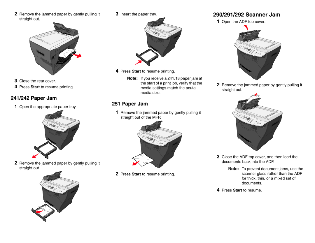 Lexmark X342 manual 290/291/292 Scanner Jam, 241/242 Paper Jam 