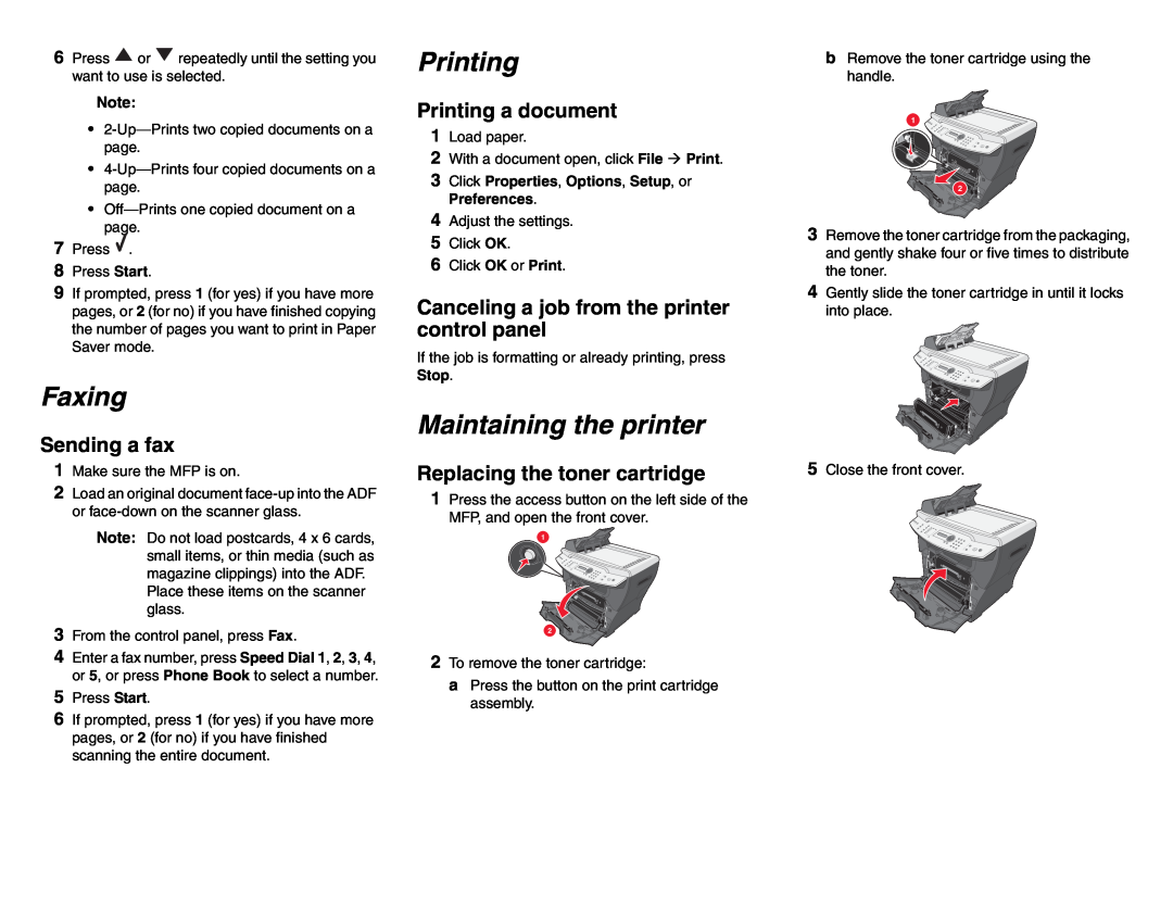 Lexmark X34X manual Faxing, Maintaining the printer, Sending a fax, Printing a document, Replacing the toner cartridge 