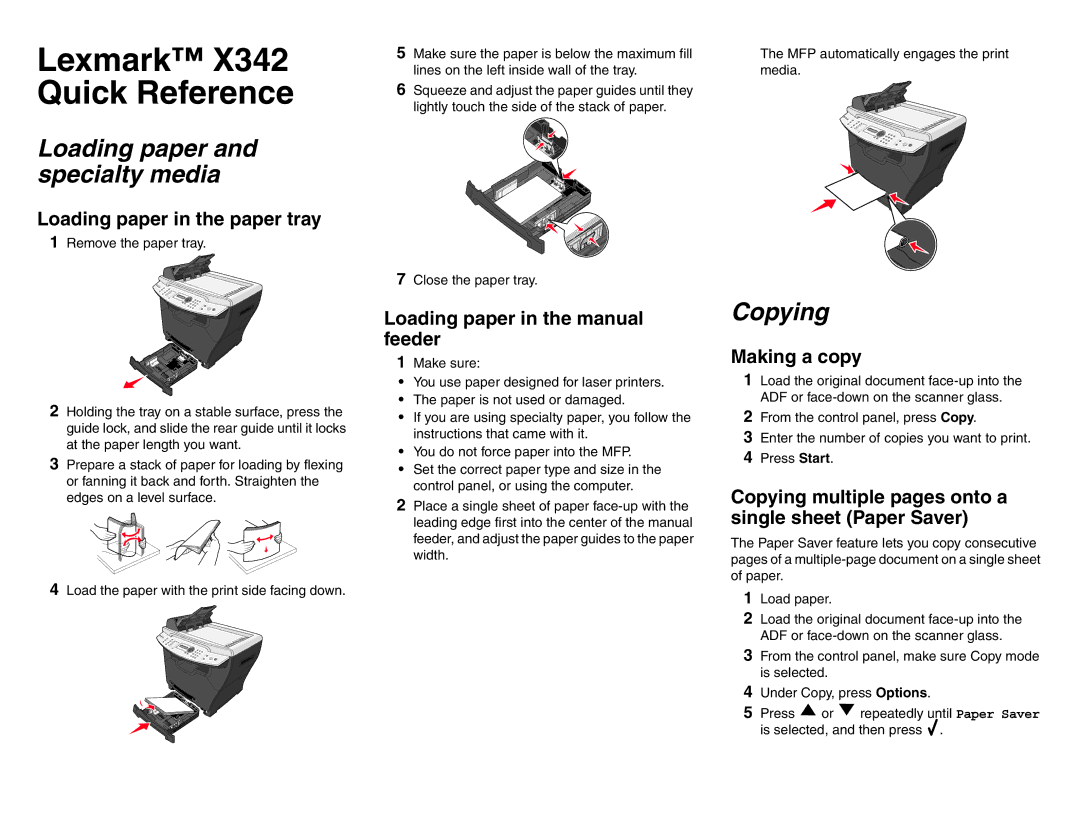 Lexmark X34X manual Loading paper and specialty media, Copying 