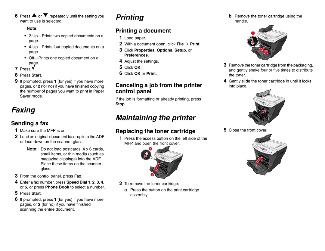 Lexmark X34X manual Faxing, Printing, Maintaining the printer 