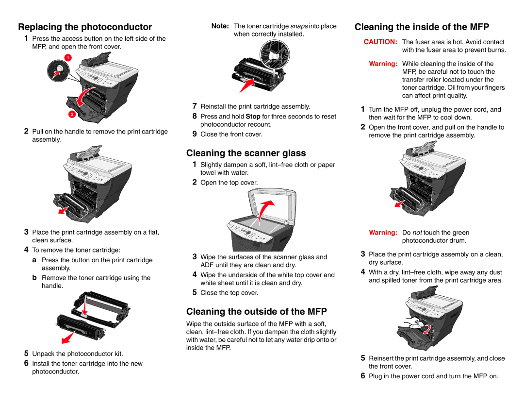 Lexmark X34X manual Cleaning the inside of the MFP, Cleaning the scanner glass, Cleaning the outside of the MFP 