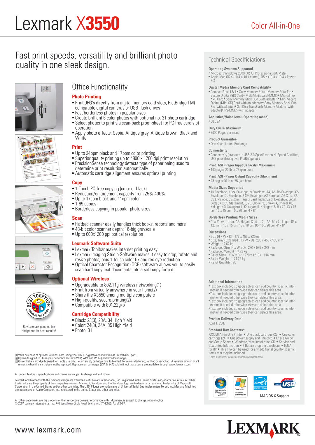 Lexmark X3550 manual Photo Printing, Copy, Scan, Lexmark Software Suite, Optional Wireless, Cartridge Compatibility 