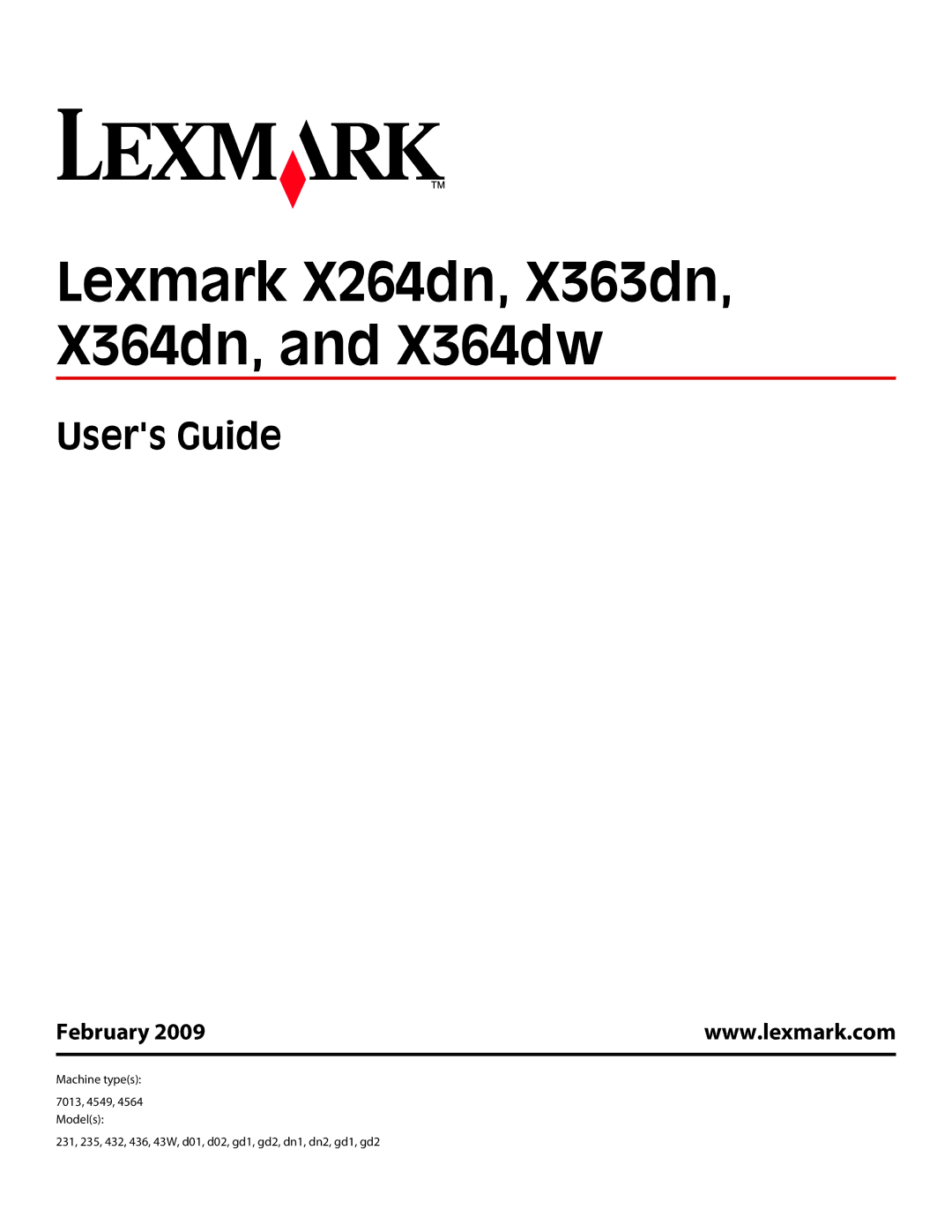 Lexmark d02, X363dn, gd2, gd1, dn1, dn2, d01, 4549, 7013, 4564, 43W, 436, 13B0633, 231, 432, 13B0503, 235 manual Users Guide, February 