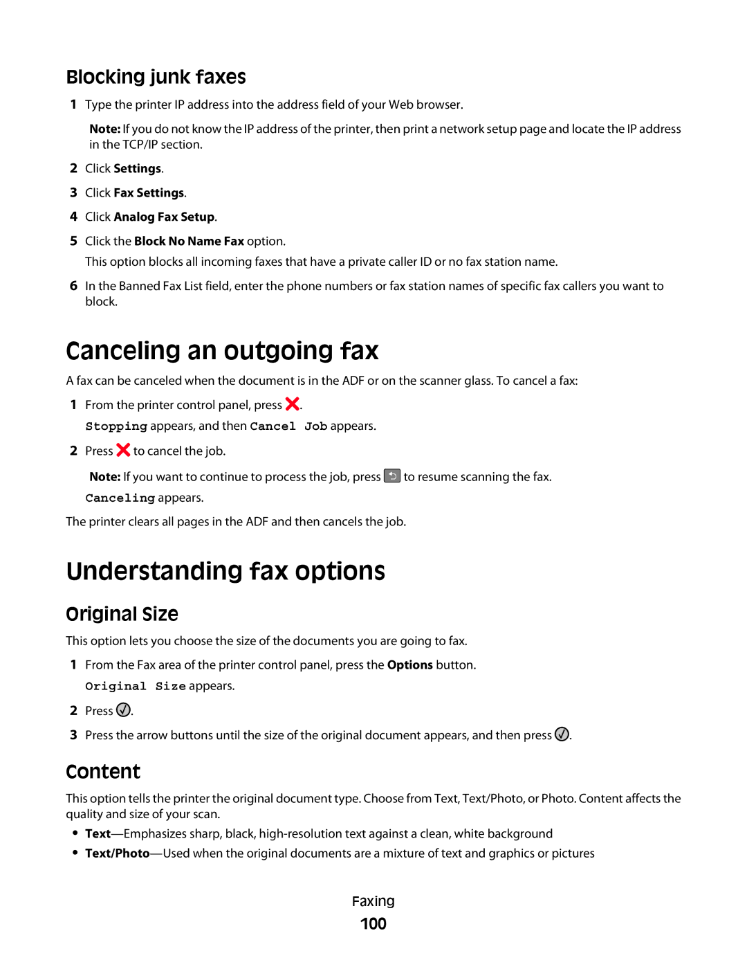 Lexmark X363dn, d02, gd2 Canceling an outgoing fax, Understanding fax options, Blocking junk faxes, Original Size, Content 