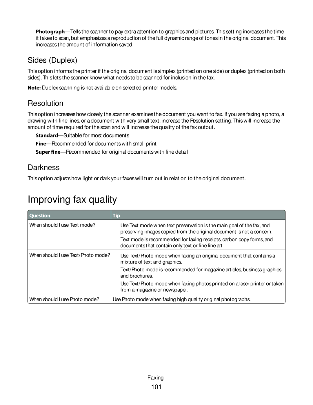 Lexmark d02, X363dn, gd2, gd1, dn1, dn2, d01, 4549, 7013, 4564, 43W Improving fax quality, Sides Duplex, Resolution, Darkness, 101 