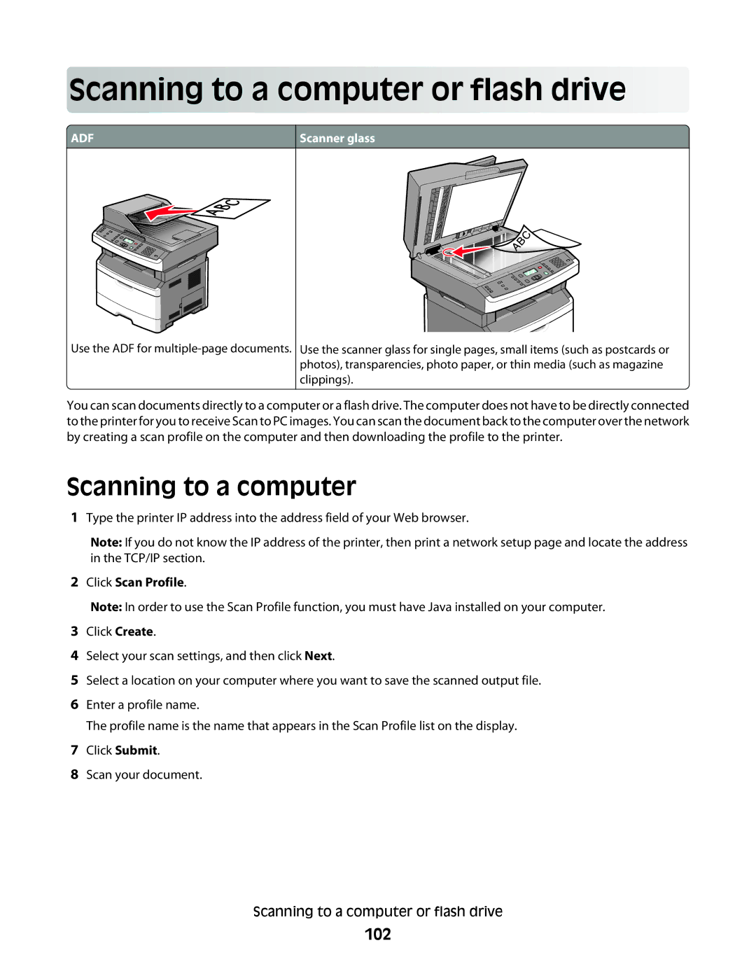 Lexmark gd2, X363dn, d02, gd1, dn1, dn2, d01, 4549, 7013 Scan ning to a comp u t er or flash driv e, Scanning to a computer, 102 