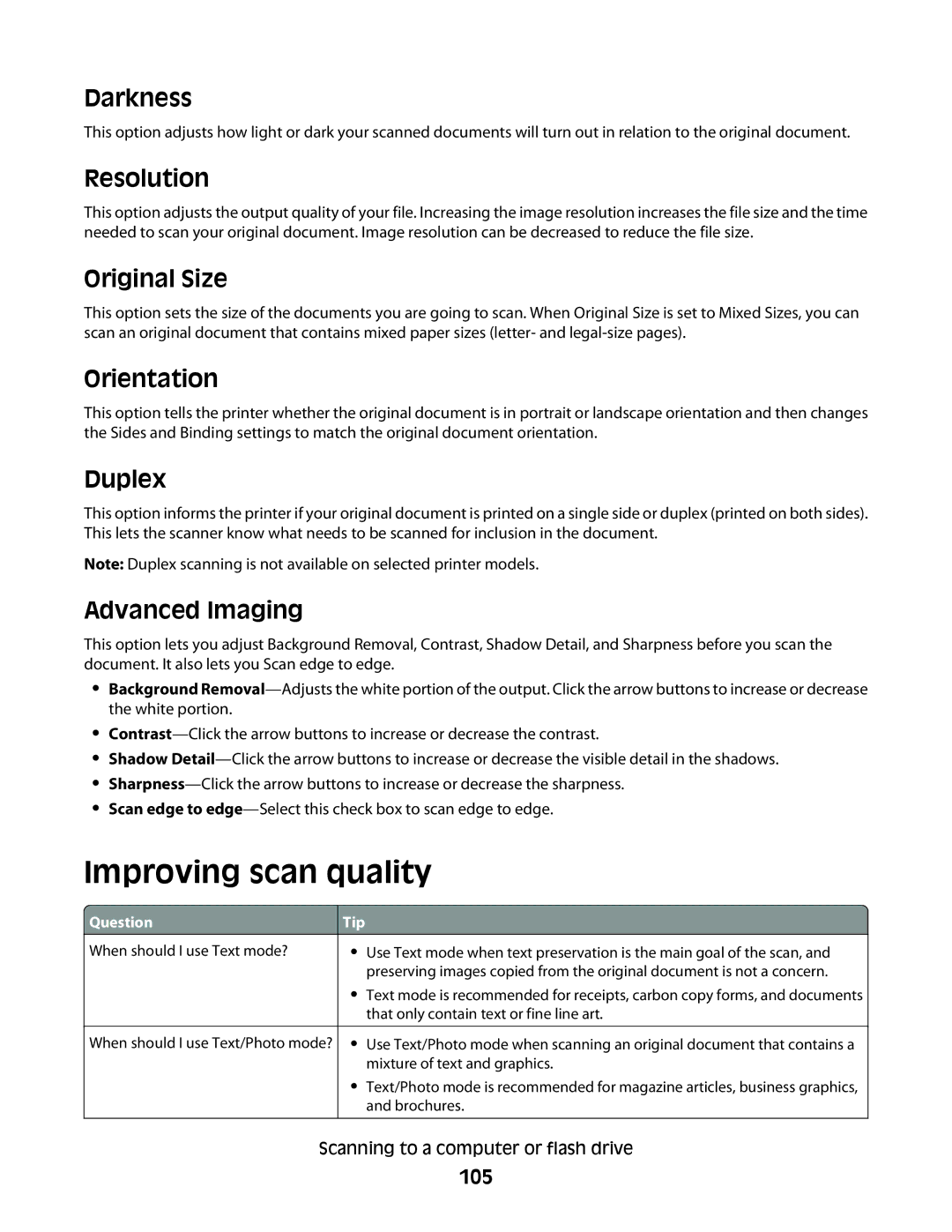 Lexmark dn2, X363dn, d02, gd2, gd1, dn1, d01, 4549, 7013, 4564 Improving scan quality, Orientation, Duplex, Advanced Imaging, 105 