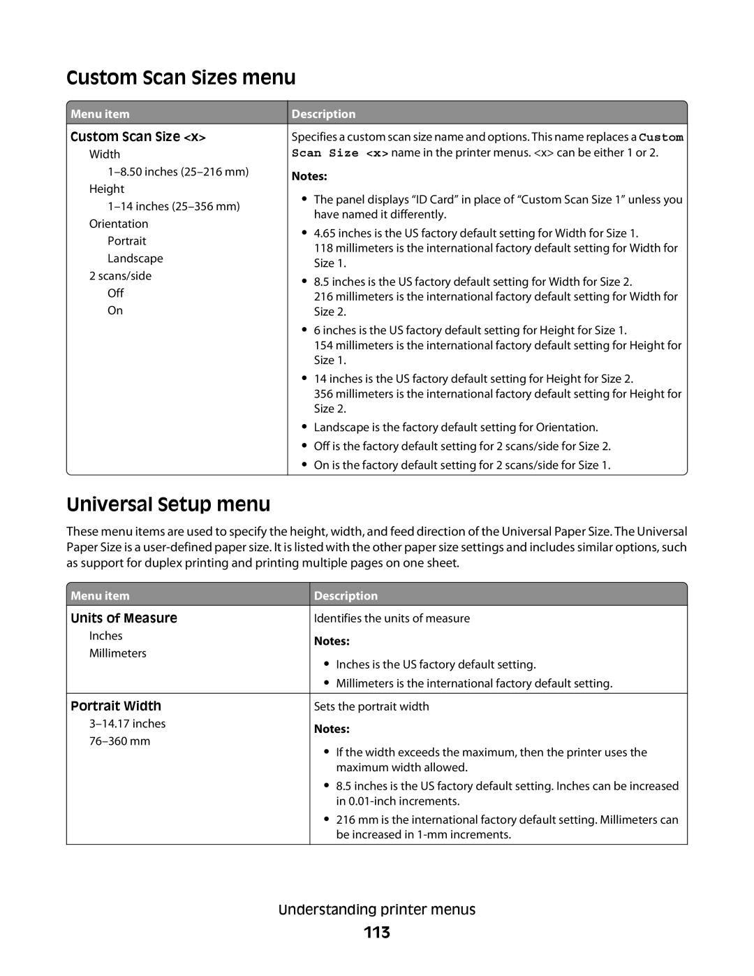 Lexmark 231, X363dn, d02, gd2, gd1, dn1, dn2, d01, 4549, 7013, 4564, 43W, 436, 432 Custom Scan Sizes menu, Universal Setup menu, 113 