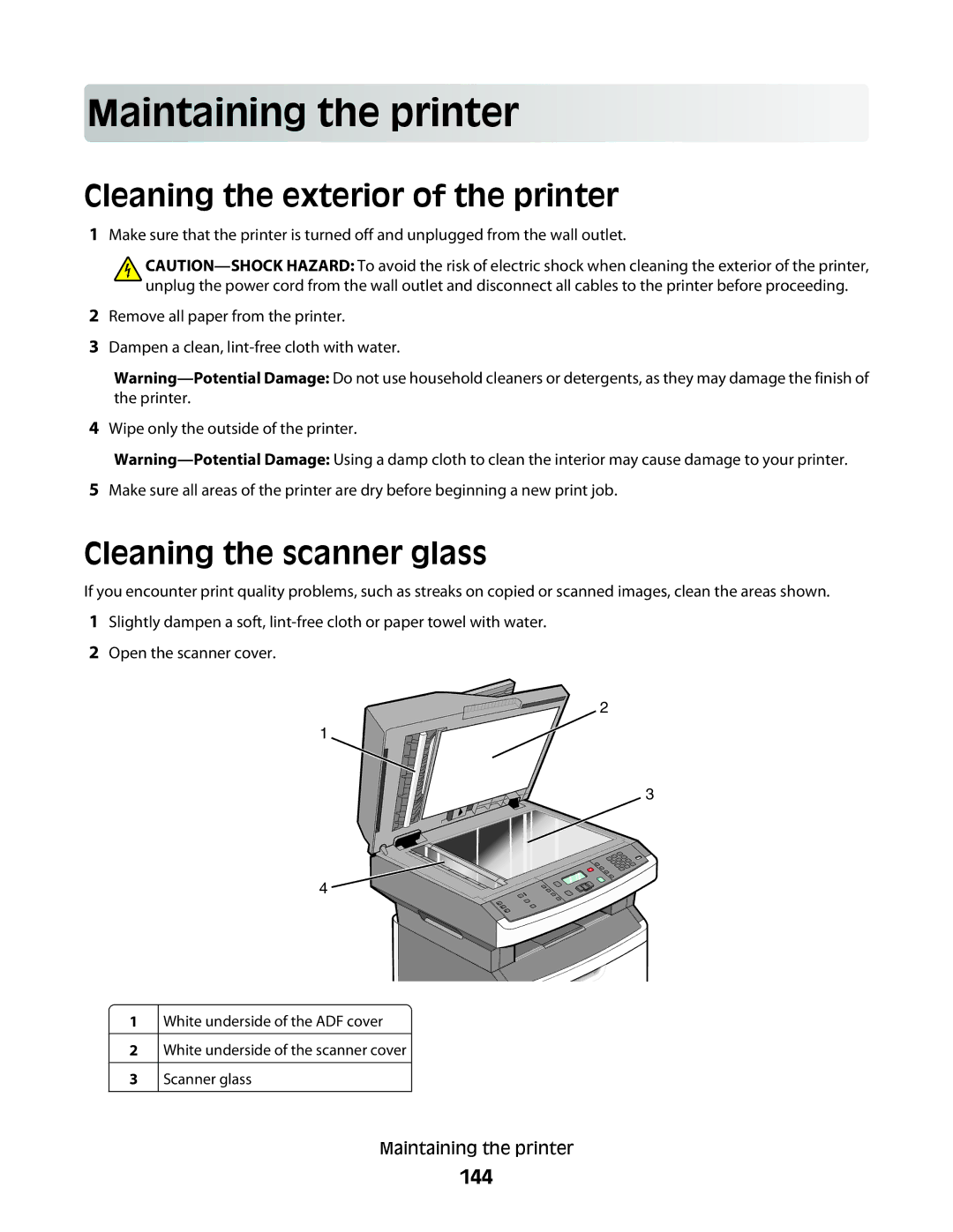 Lexmark dn1, X363dn, d02 Main taining the prin t er, Cleaning the exterior of the printer, Cleaning the scanner glass, 144 