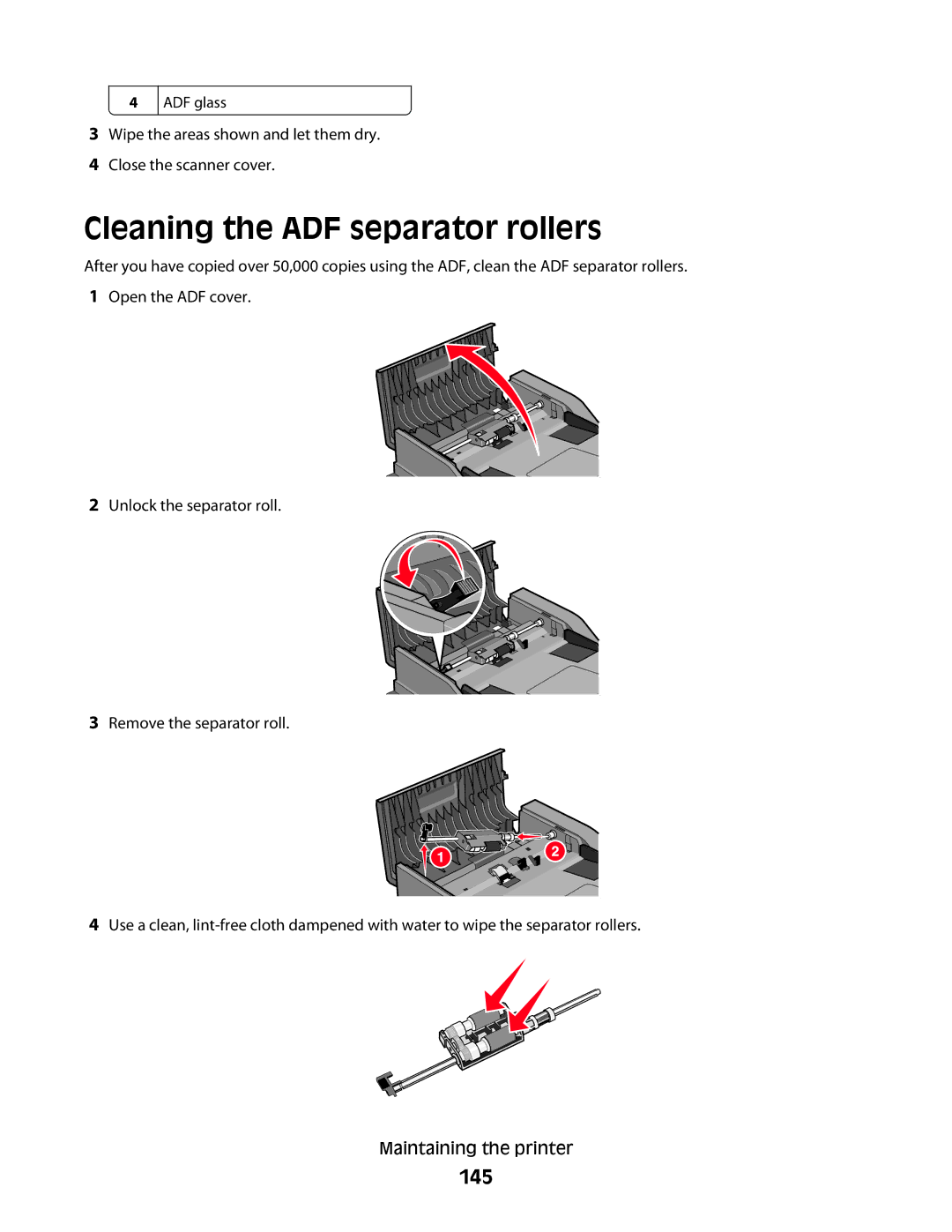 Lexmark dn2, X363dn, d02, gd2, gd1, dn1, d01, 4549, 7013, 4564, 43W, 436, 13B0633, 231, 432, 235 Cleaning the ADF separator rollers, 145 