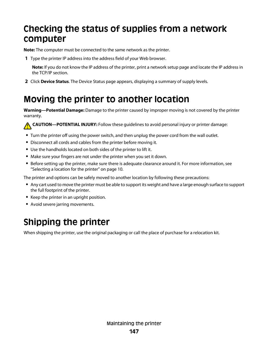 Lexmark 4549, X363dn Checking the status of supplies from a network computer, Moving the printer to another location, 147 