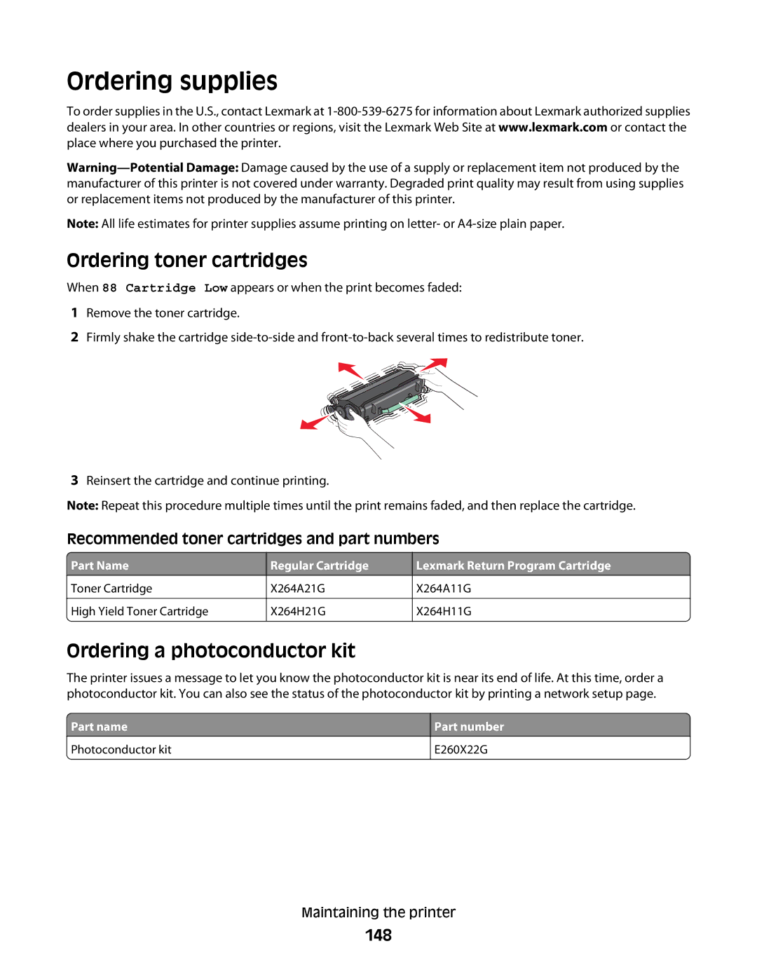 Lexmark 7013, X363dn, d02, gd2, gd1, dn1, dn2 Ordering supplies, Ordering toner cartridges, Ordering a photoconductor kit, 148 