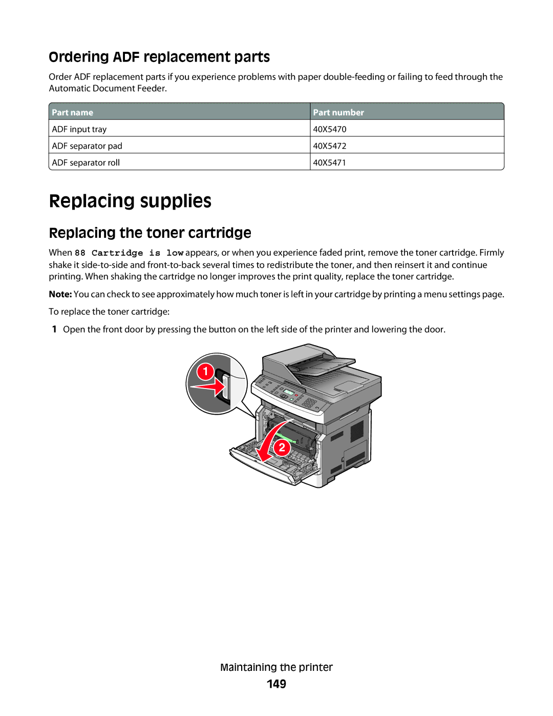 Lexmark 4564, X363dn, d02, gd2, gd1 Replacing supplies, Ordering ADF replacement parts, Replacing the toner cartridge, 149 