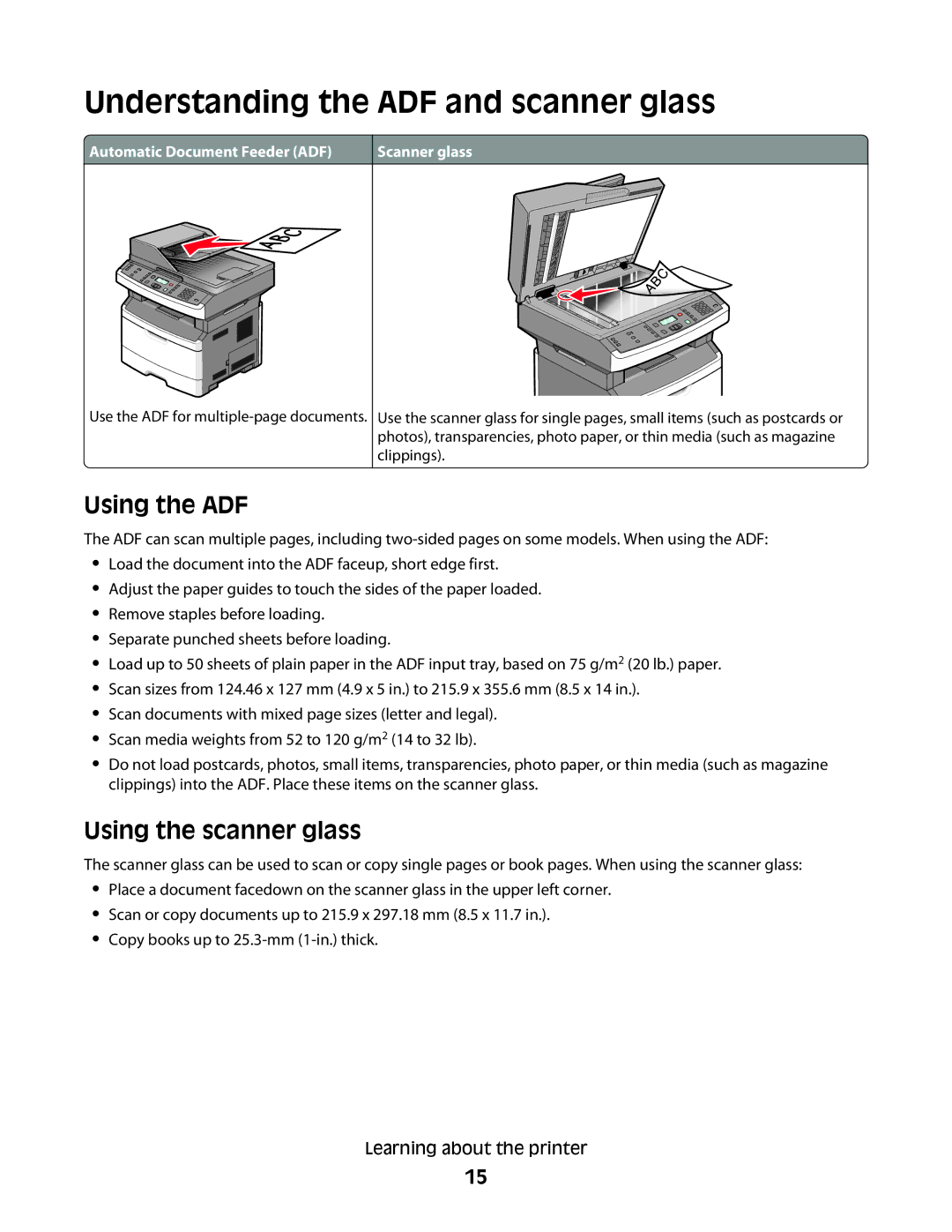 Lexmark 13B0503, X363dn, d02, gd2, gd1, dn1 Understanding the ADF and scanner glass, Using the ADF, Using the scanner glass 