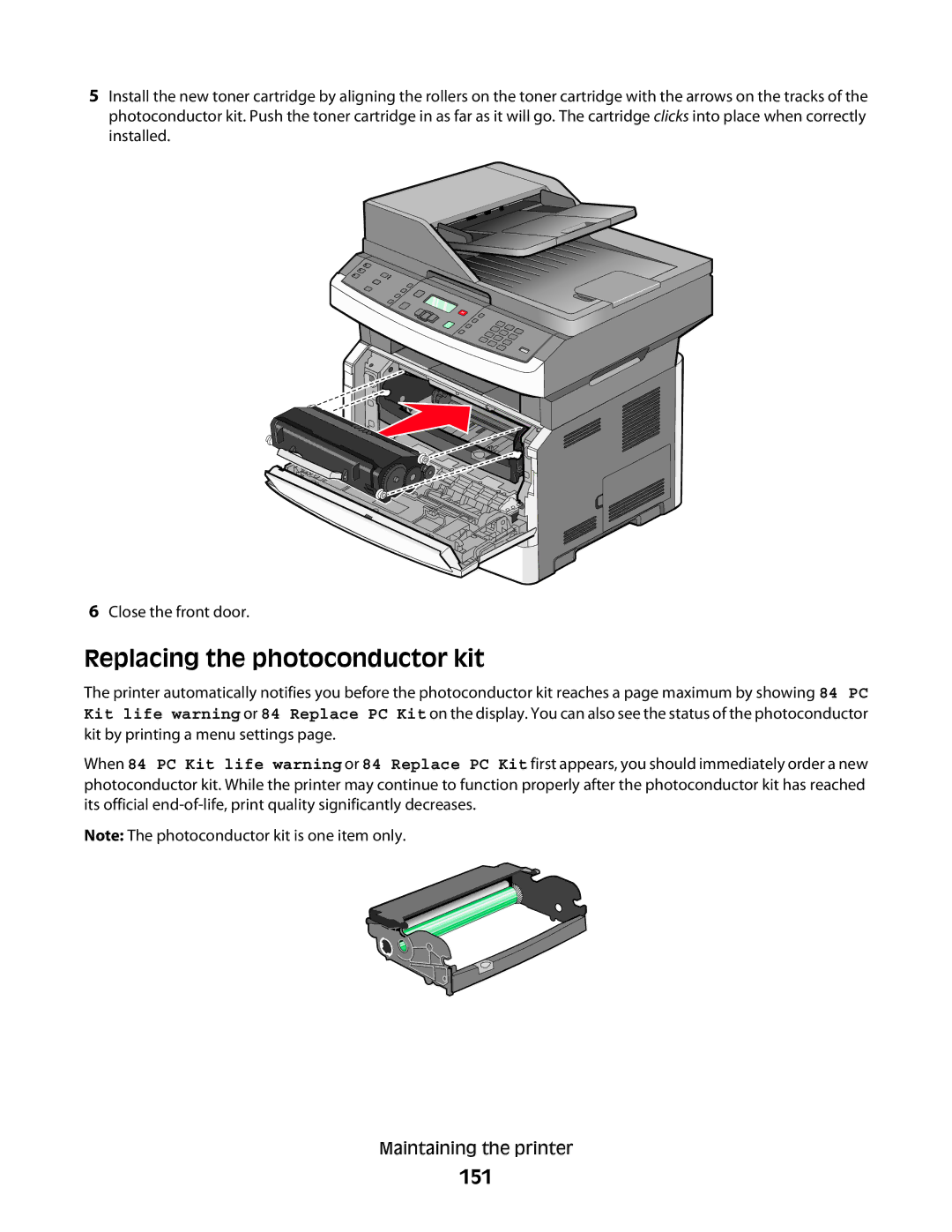 Lexmark 436, X363dn, d02, gd2, gd1, dn1, dn2, d01, 4549, 7013, 4564, 43W, 13B0633, 231, 432, 235 Replacing the photoconductor kit, 151 