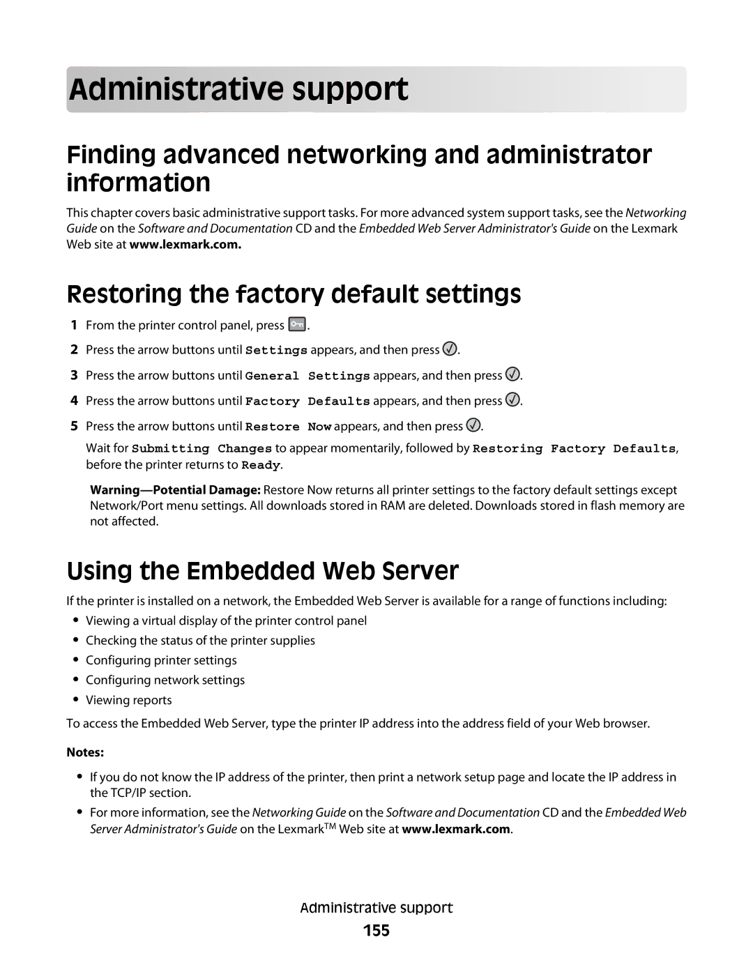 Lexmark 13B0503, X363dn, d02, gd2, gd1, dn1, dn2, d01, 4549, 7013 Adm inistra tiv e support, Using the Embedded Web Server, 155 