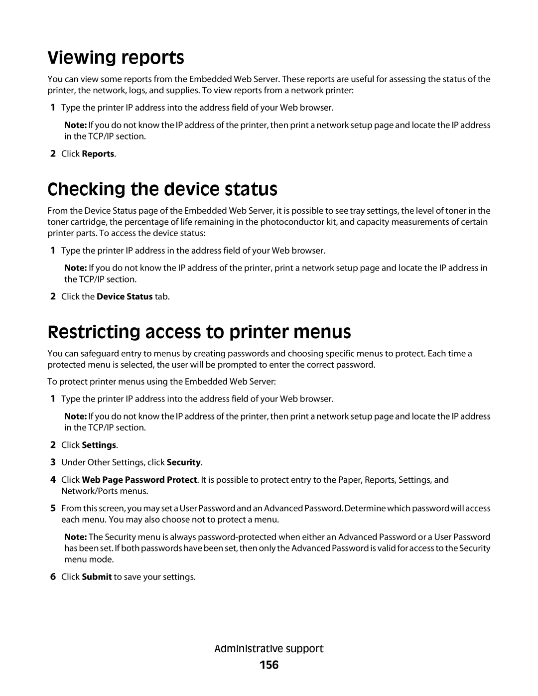 Lexmark 13B4058, X363dn, d02, gd2, gd1, dn1, dn2, d01, 4549, 7013, 4564, 43W, 436, 13B0633 Viewing reports, Checking the device status 