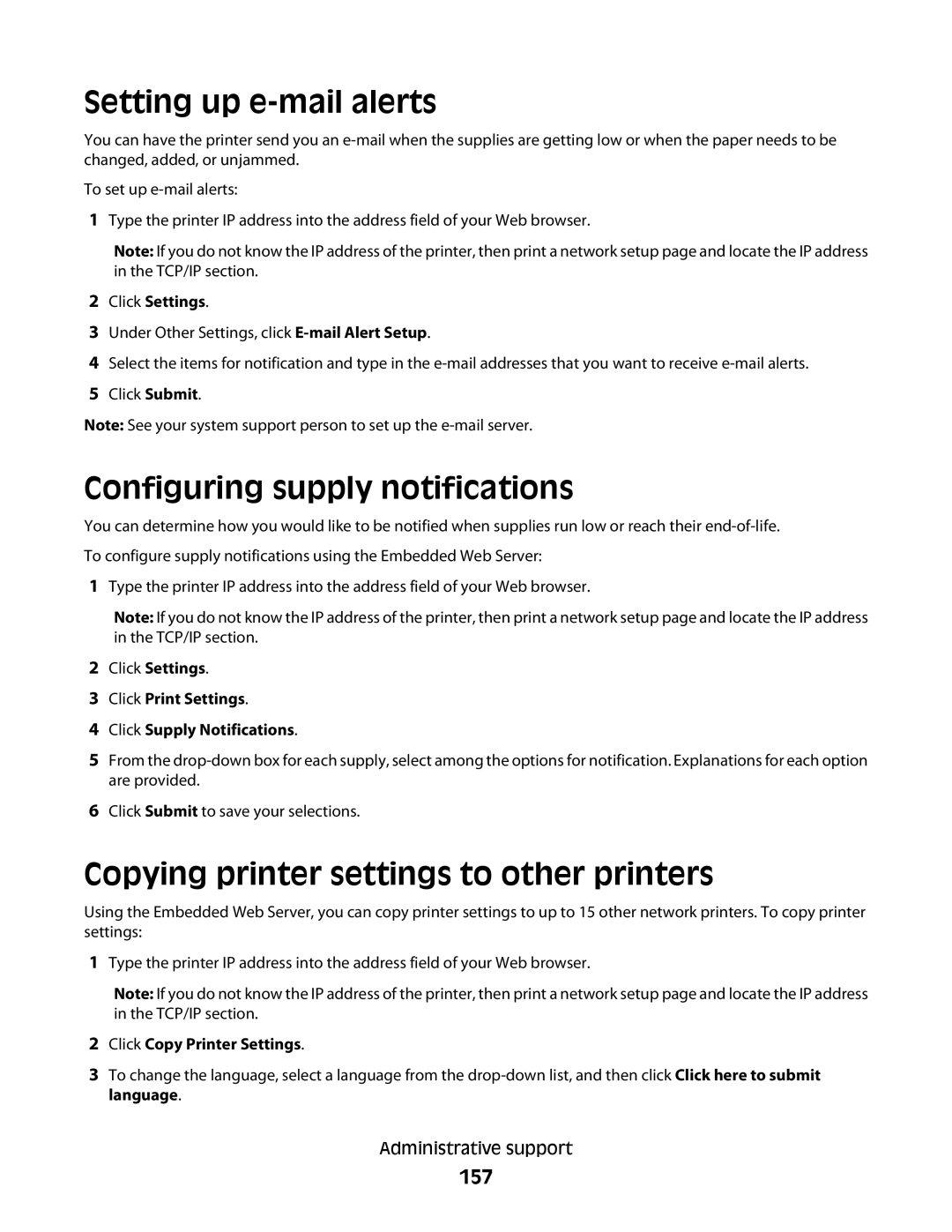 Lexmark 13B0502 Setting up e-mail alerts, Configuring supply notifications, Copying printer settings to other printers 