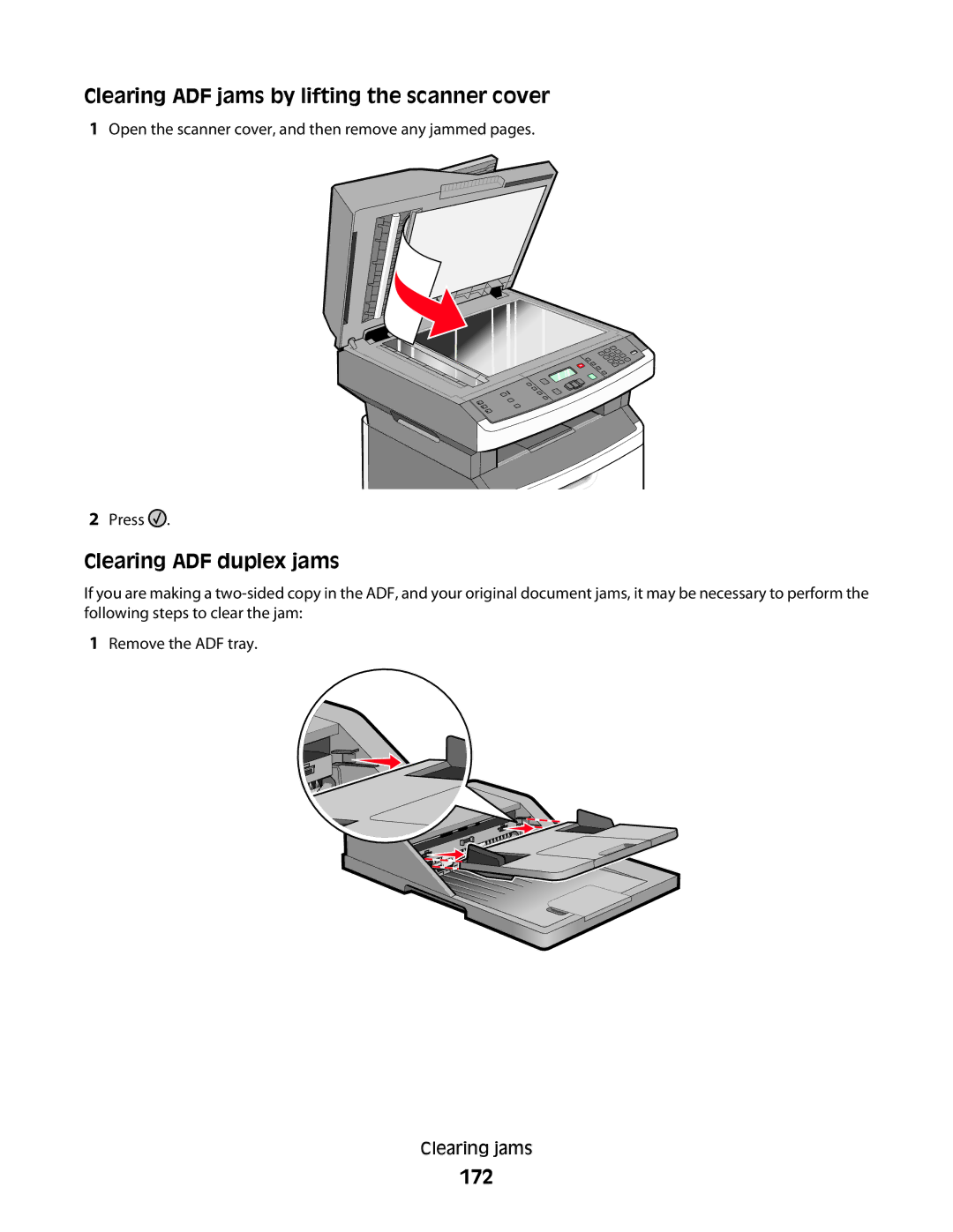 Lexmark 13B0633, X363dn, d02, gd2, gd1, dn1, dn2 Clearing ADF jams by lifting the scanner cover, Clearing ADF duplex jams, 172 