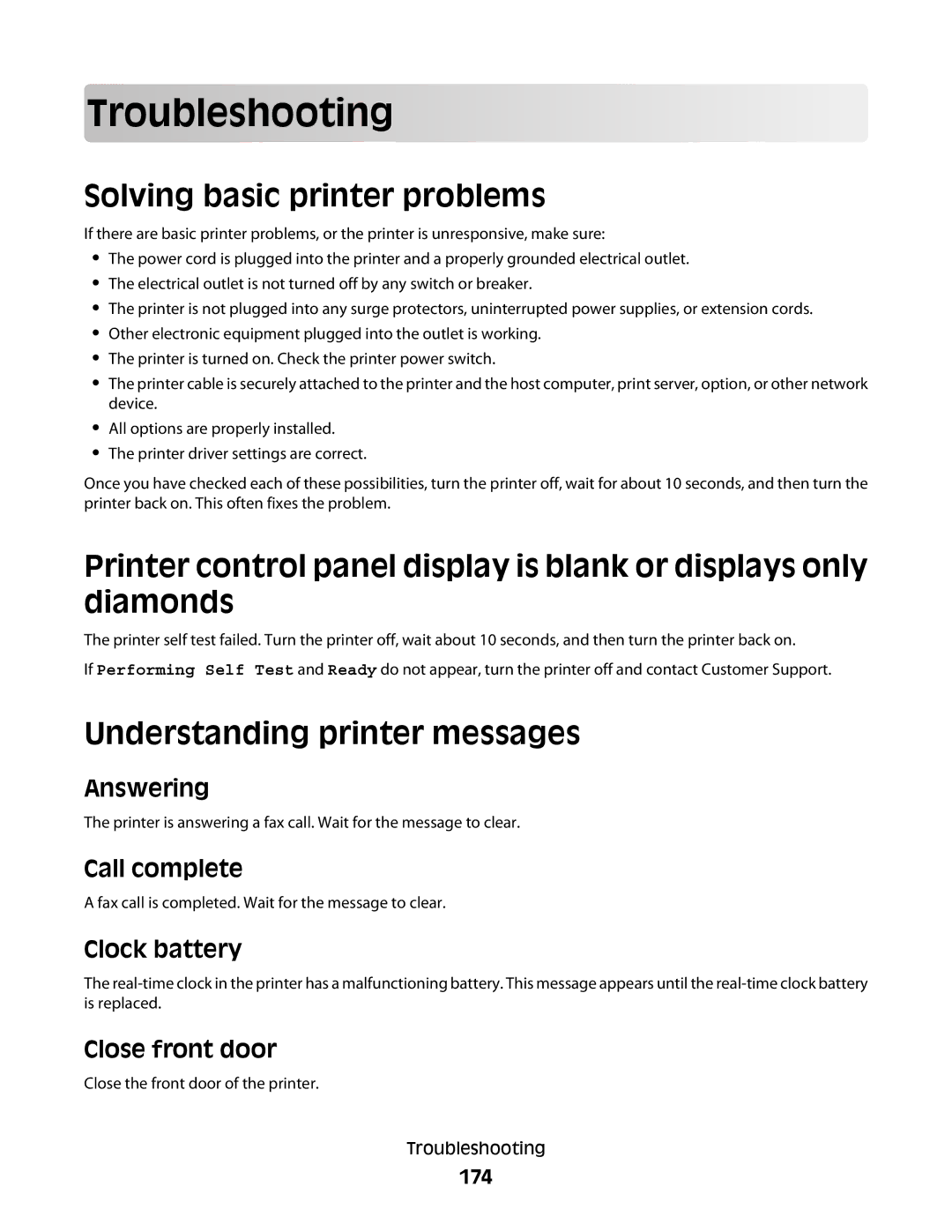 Lexmark 432, X363dn, d02, gd2, gd1, dn1, dn2 Troublesho oting, Solving basic printer problems, Understanding printer messages 