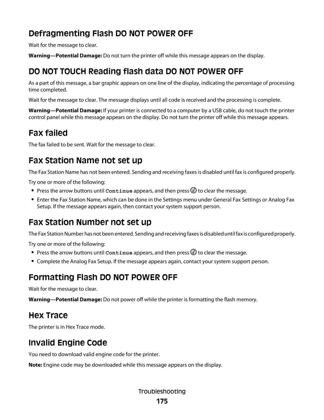 Lexmark 13B0503, X363dn Defragmenting Flash do not Power OFF, Do not Touch Reading flash data do not Power OFF, Fax failed 