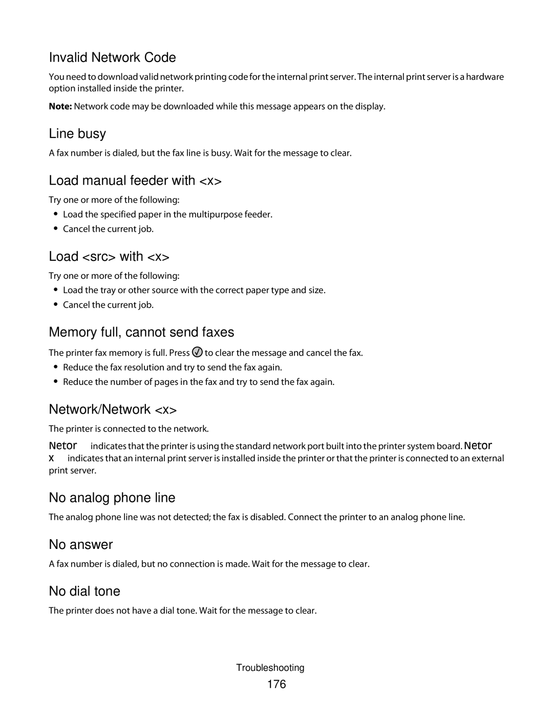 Lexmark 13B4058 Invalid Network Code, Line busy, Load manual feeder with, Load src with, Memory full, cannot send faxes 