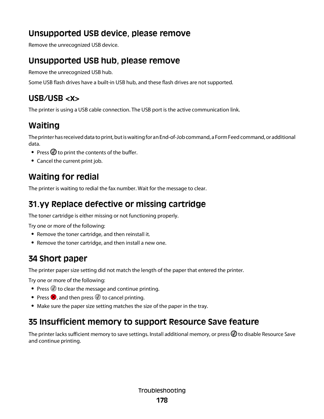 Lexmark 235, d02 Unsupported USB device, please remove, Unsupported USB hub, please remove, Usb/Usb, Waiting, Short paper 