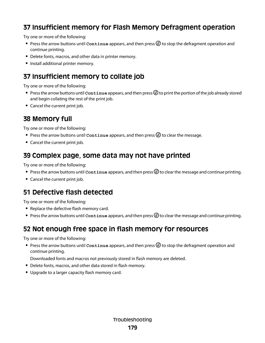 Lexmark 13B0500 Insufficient memory for Flash Memory Defragment operation, Insufficient memory to collate job, Memory full 