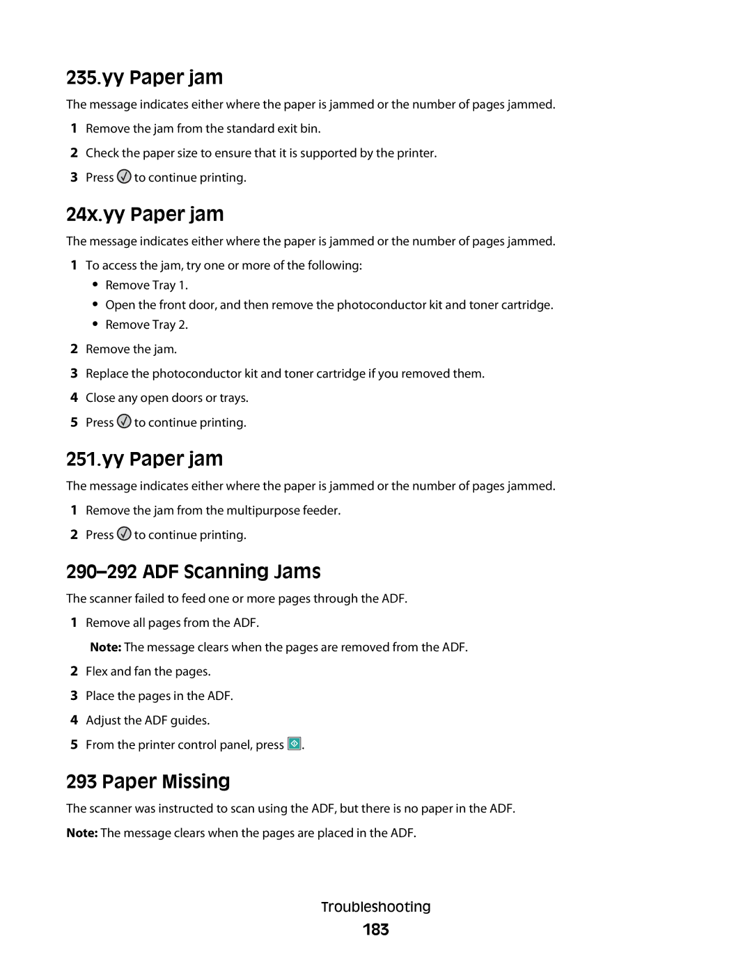 Lexmark gd1, X363dn, d02, gd2, dn1, dn2, d01, 4549, 7013, 4564, 43W, 436, 231 24x.yy Paper jam, ADF Scanning Jams, Paper Missing, 183 
