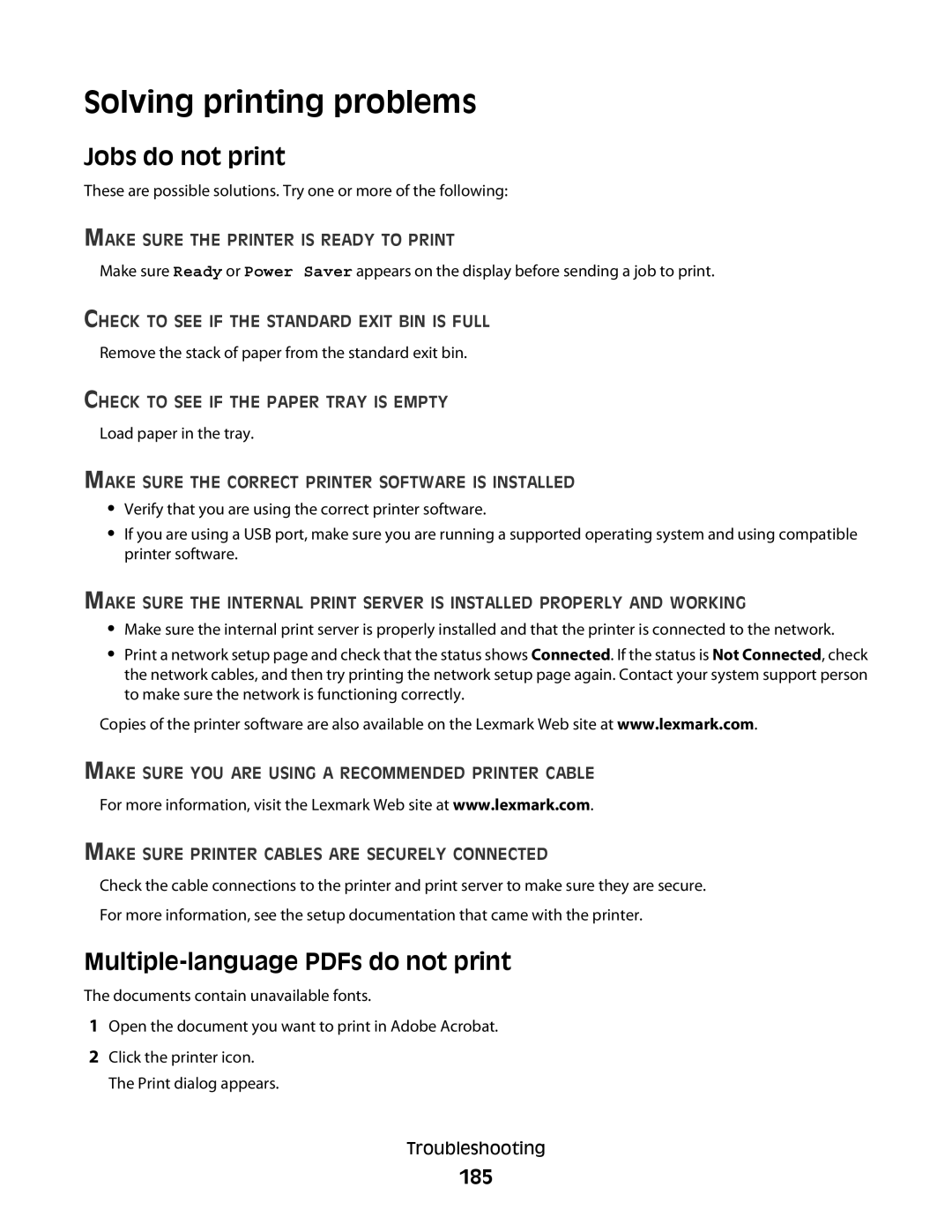 Lexmark dn2, X363dn, d02, gd2, gd1, dn1, d01, 4549, 7013, 4564, 43W, 436, 13B0633 Solving printing problems, Jobs do not print, 185 