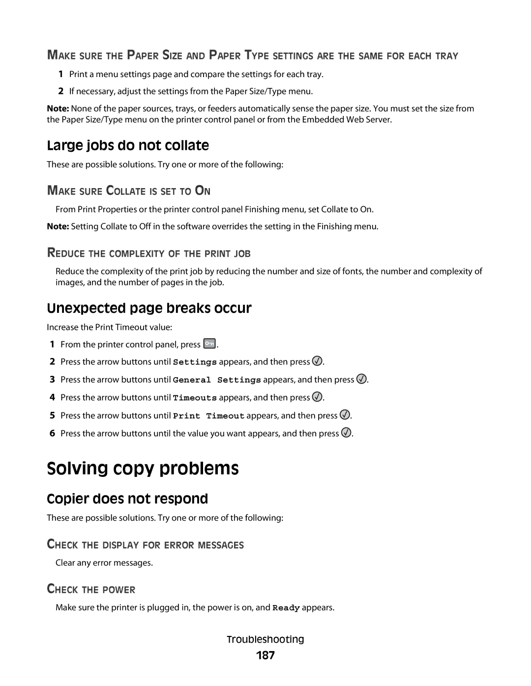 Lexmark 4549 Solving copy problems, Large jobs do not collate, Unexpected page breaks occur, Copier does not respond, 187 