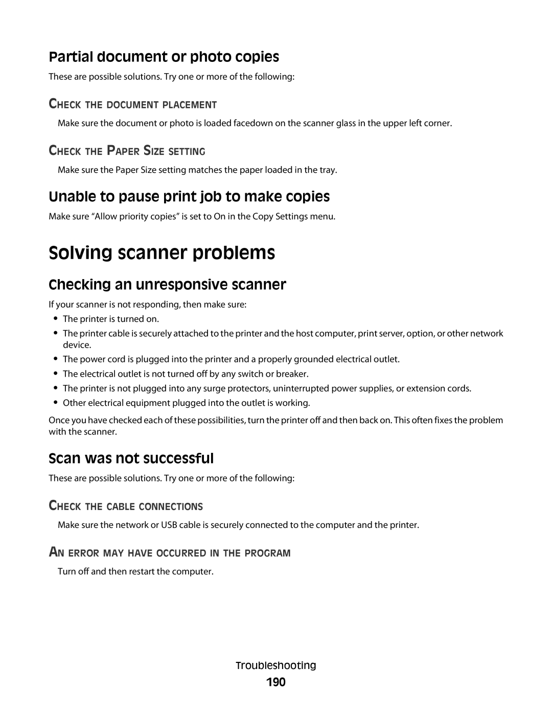 Lexmark 43W, X363dn Solving scanner problems, Partial document or photo copies, Unable to pause print job to make copies 