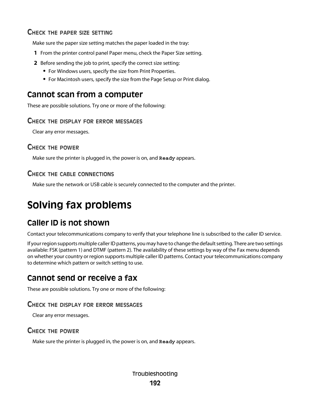 Lexmark 13B0633 Solving fax problems, Cannot scan from a computer, Caller ID is not shown, Cannot send or receive a fax 