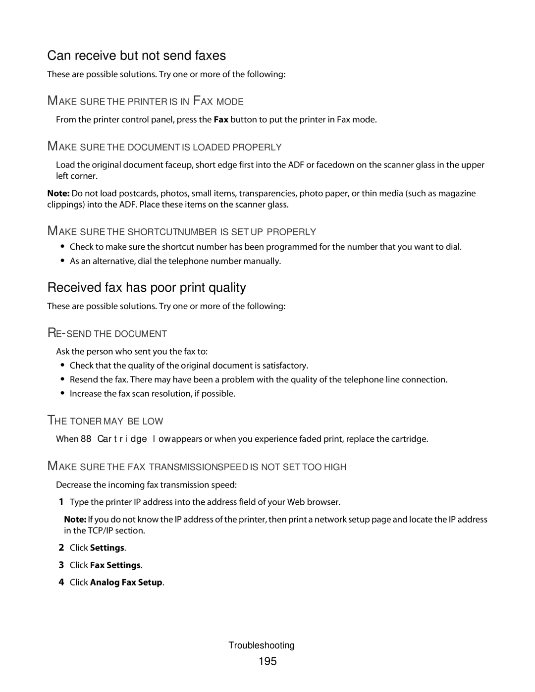 Lexmark 13B0503, X363dn, d02, gd2, gd1, dn1, dn2, d01 Can receive but not send faxes, Received fax has poor print quality, 195 