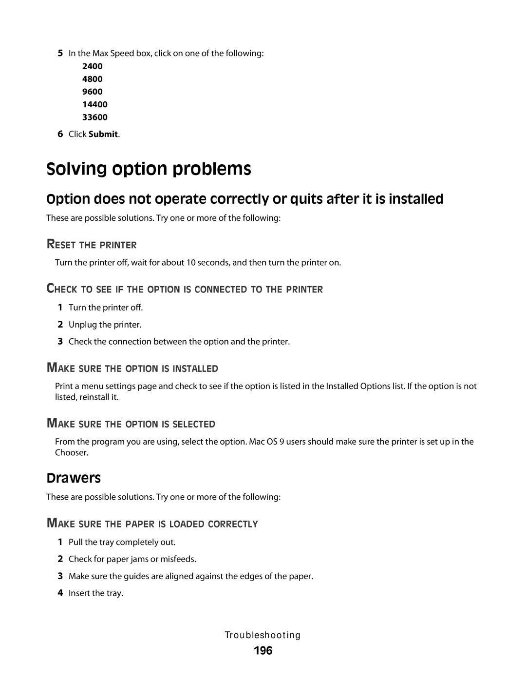 Lexmark 13B4058, X363dn, d02, gd2, gd1, dn1, dn2, d01, 4549, 7013, 4564, 43W, 436, 13B0633, 231 Solving option problems, Drawers, 196 