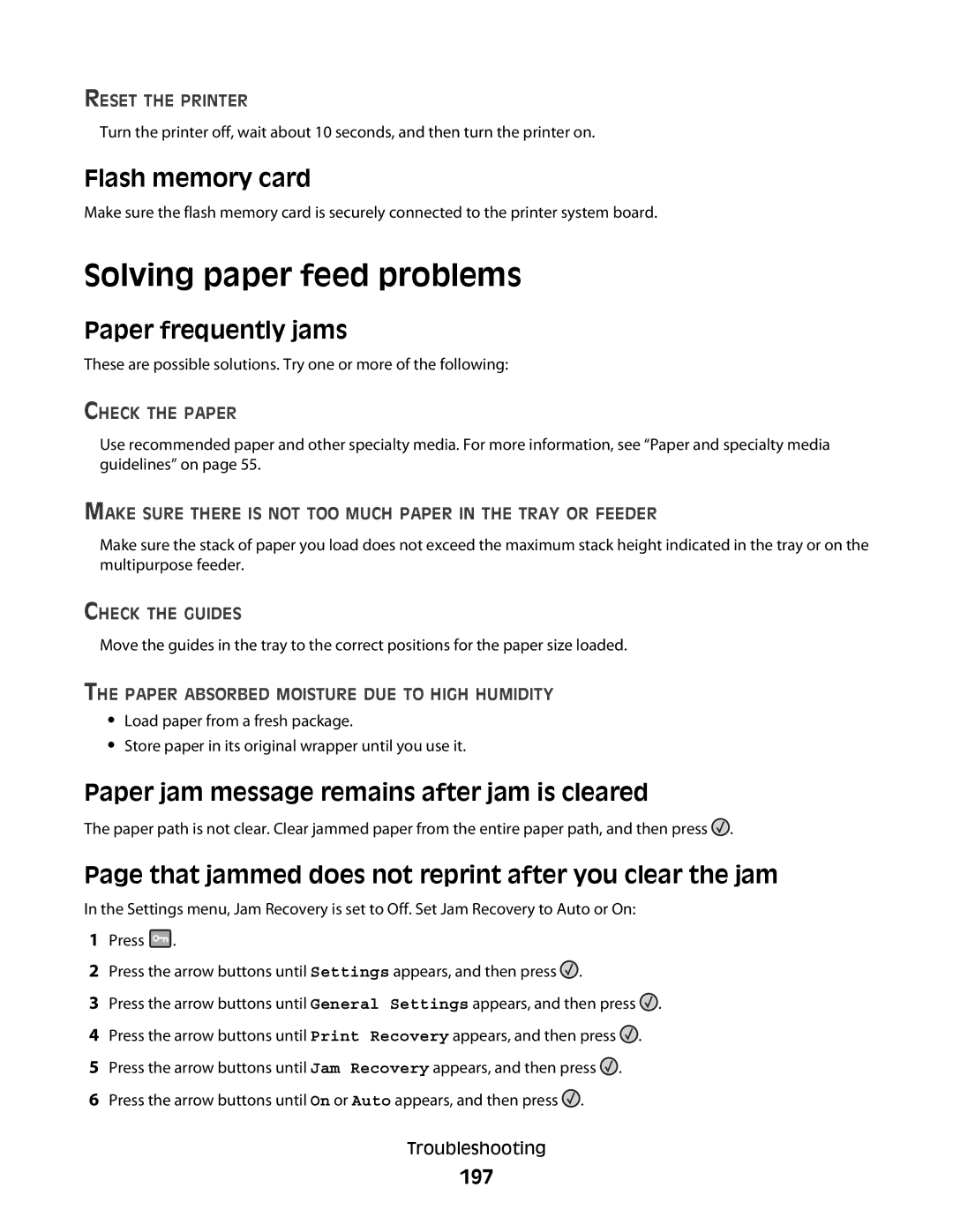 Lexmark 13B0502, X363dn, d02, gd2, gd1, dn1, dn2, d01, 4549 Solving paper feed problems, Flash memory card, Paper frequently jams 