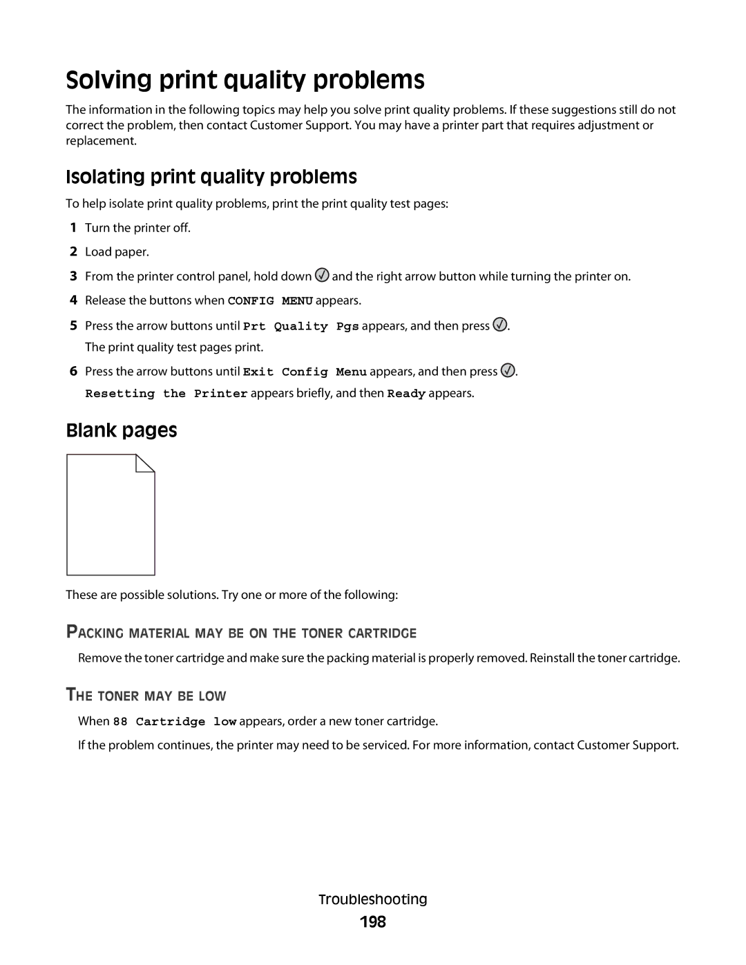 Lexmark 235, X363dn, d02, gd2, gd1, dn1, dn2 Solving print quality problems, Isolating print quality problems, Blank pages, 198 