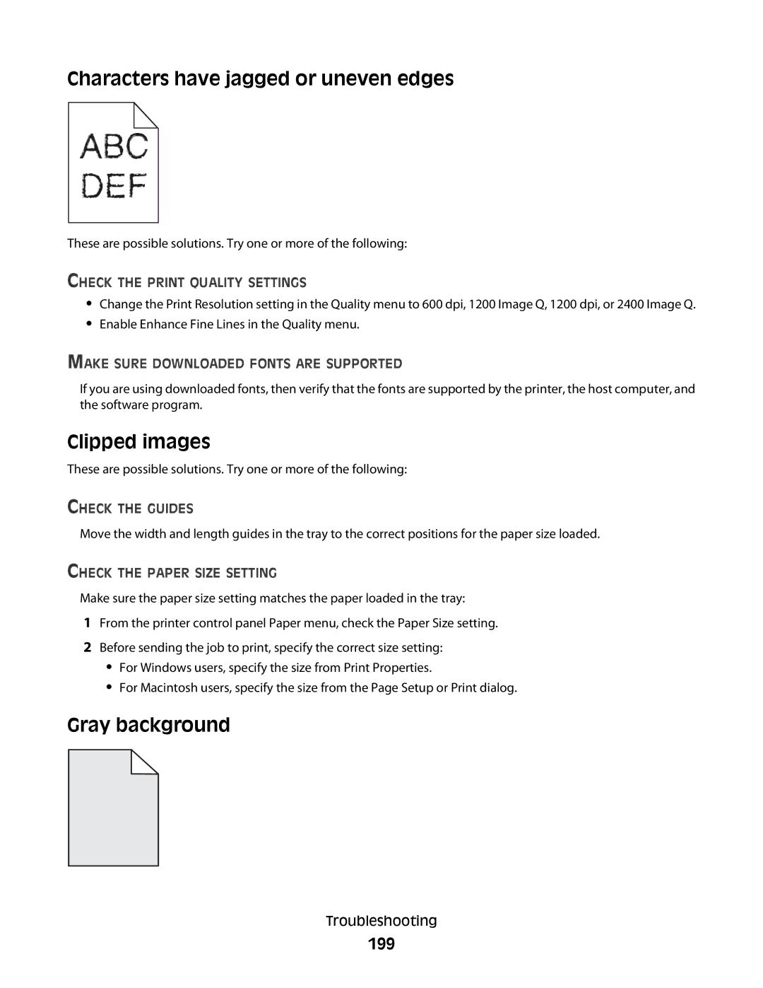 Lexmark 13B0500, X363dn, d02, gd2, gd1, dn1, dn2 Characters have jagged or uneven edges, Clipped images, Gray background, 199 