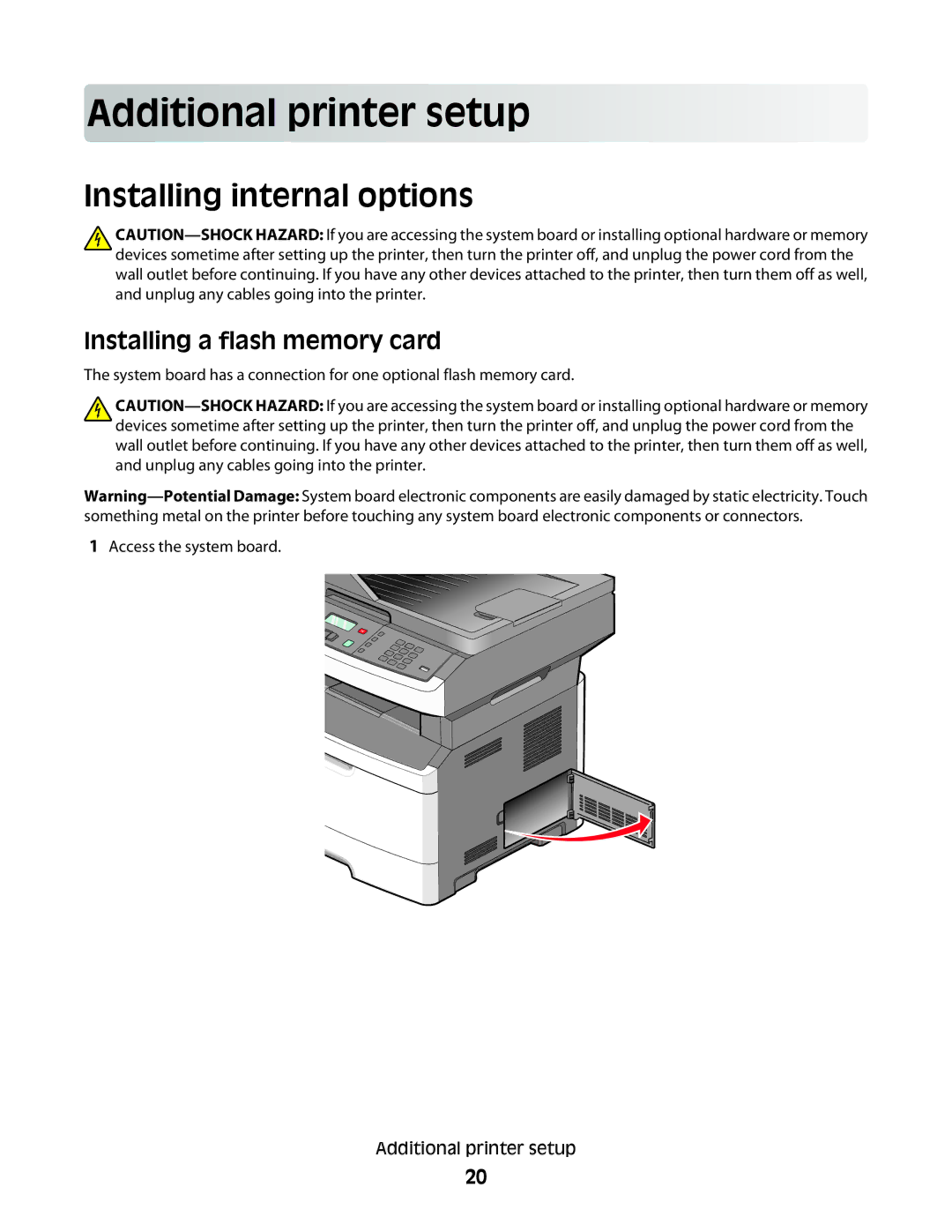 Lexmark X363dn, d02, gd2, gd1, dn1 Add itional p rinter se t up, Installing internal options, Installing a flash memory card 