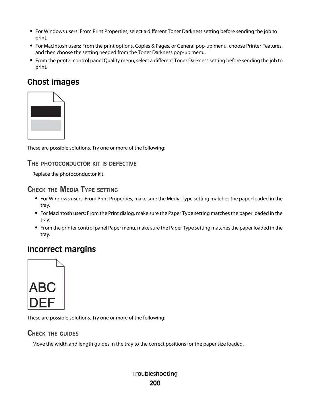 Lexmark X363dn, d02 Ghost images, Incorrect margins, 200, Photoconductor KIT is Defective, Check the Media Type Setting 