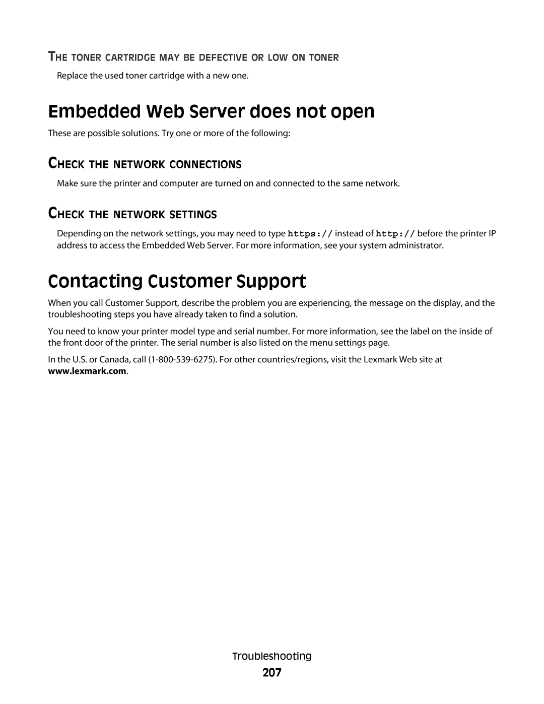 Lexmark 4549, X363dn, d02, gd2, gd1, dn1, dn2, d01, 7013, 4564 Embedded Web Server does not open, Contacting Customer Support, 207 