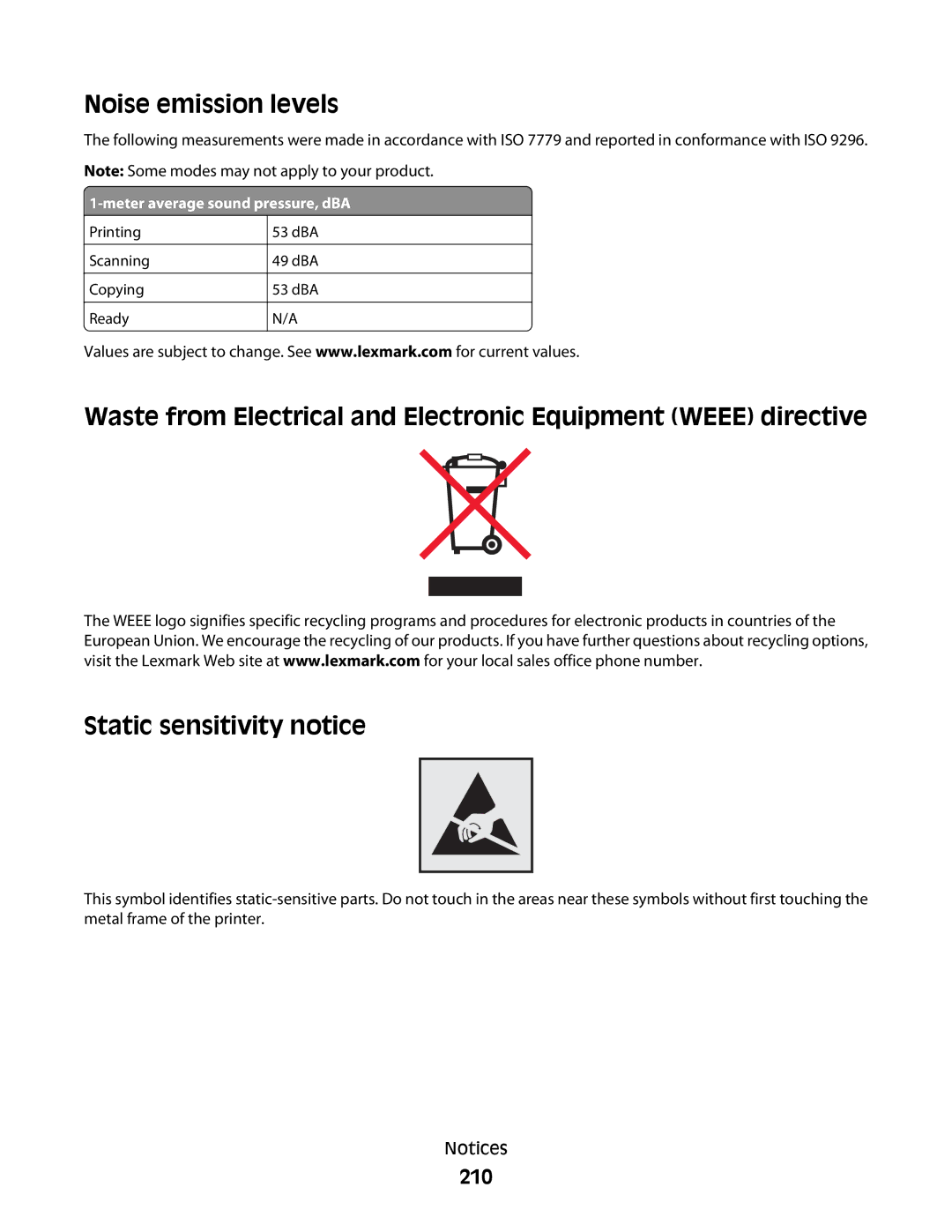 Lexmark 43W, X363dn, d02, gd2, gd1, dn1, dn2, d01, 4549, 7013, 4564, 436, 13B0633, 231, 432, 13B0503, 13B4058 Noise emission levels, 210 