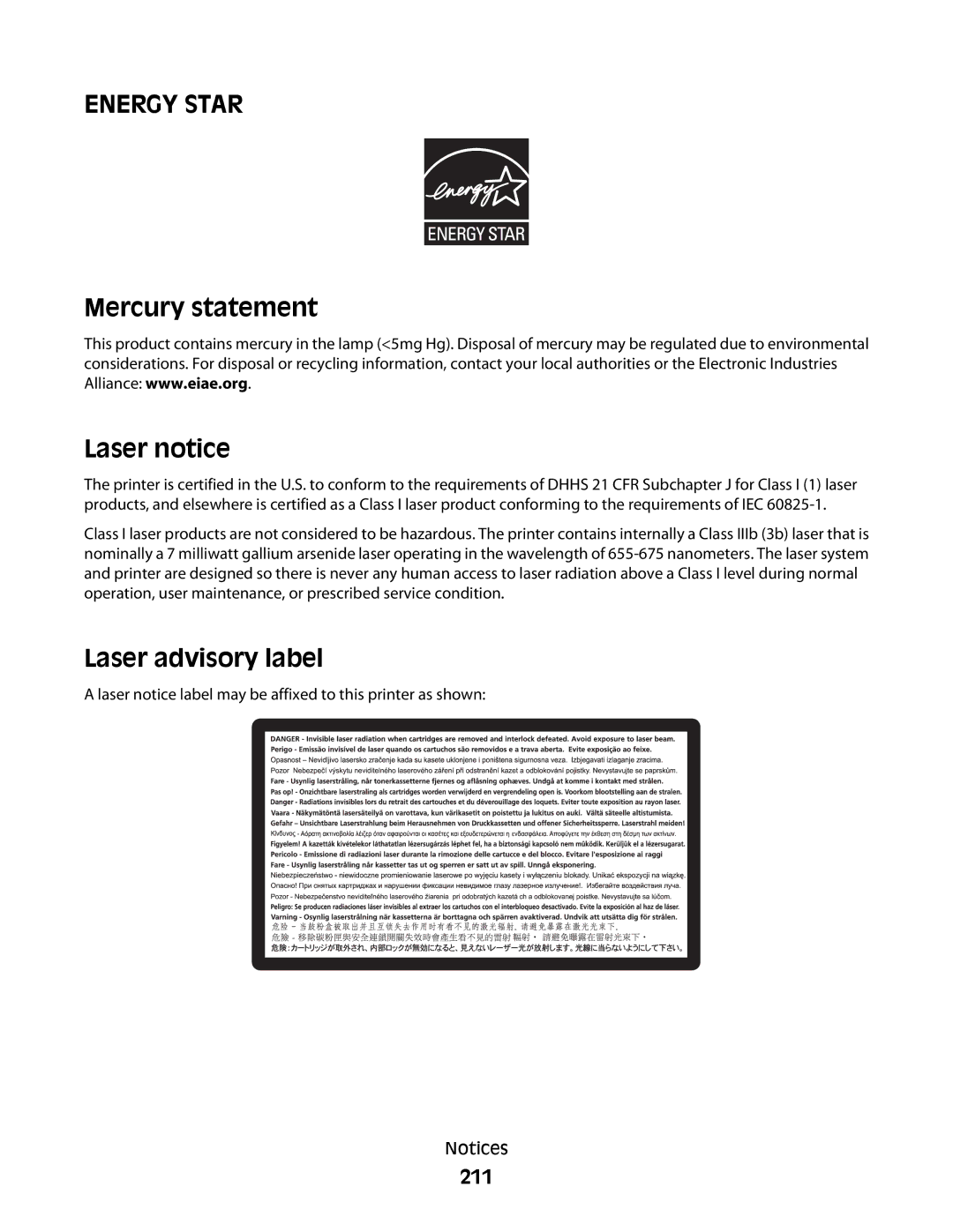 Lexmark 436, X363dn, d02, gd2, gd1, dn1, dn2, d01, 4549, 7013, 4564, 43W Mercury statement Laser notice, Laser advisory label, 211 