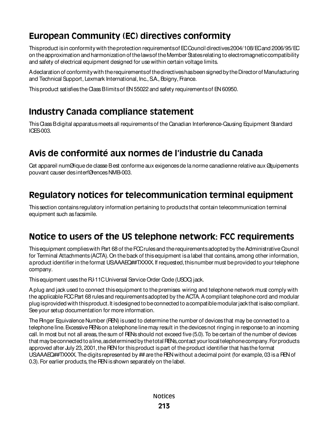 Lexmark 231, X363dn, d02, gd2, gd1, dn1 European Community EC directives conformity, Industry Canada compliance statement, 213 