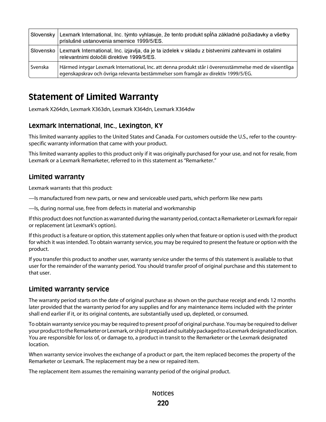 Lexmark X363dn, d02, gd2 Statement of Limited Warranty, 220, Lexmark International, Inc., Lexington, KY, Limited warranty 