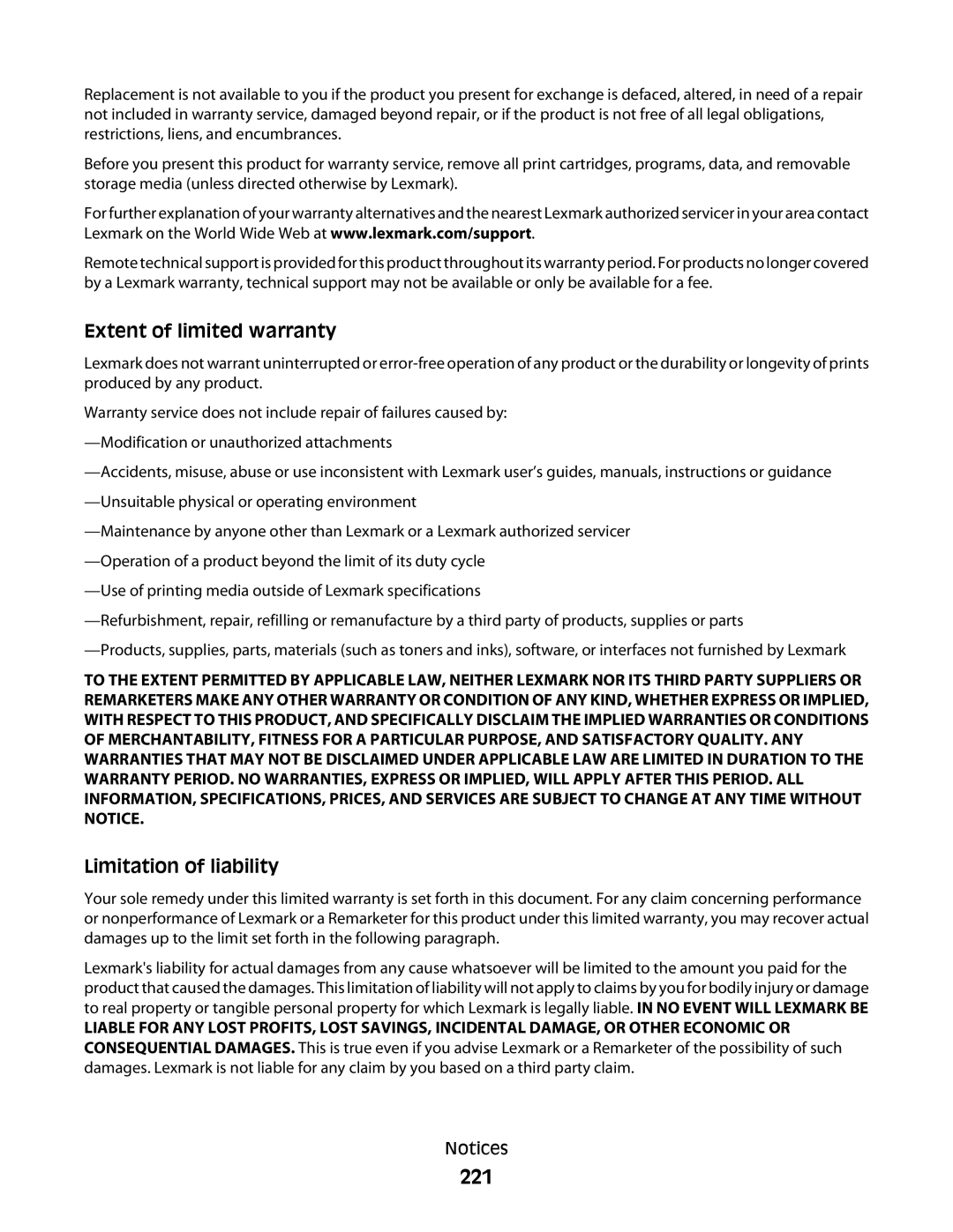 Lexmark d02, X363dn, gd2, gd1, dn1, dn2, d01, 4549, 7013, 4564, 43W, 436 221, Extent of limited warranty, Limitation of liability 